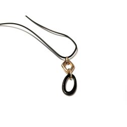 70cm Rubber Necklace with Geometric Charm in Yellow Gold and Onyx