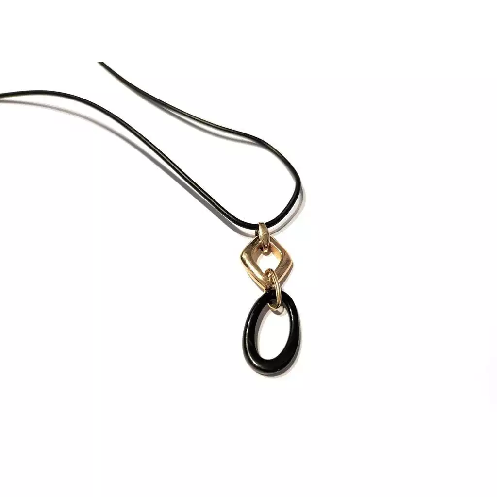 70cm Rubber Necklace with Geometric Charm in Yellow Gold and Onyx
