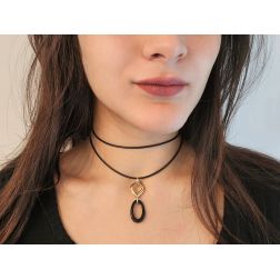 Photo of worn 70cm Rubber Necklace with Geometric Charm in Yellow Gold and Onyx
