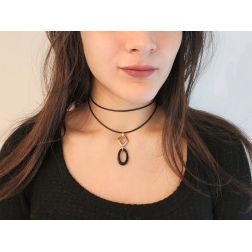 Photo of worn 70cm Rubber Necklace with Geometric Charm in Yellow Gold and Onyx