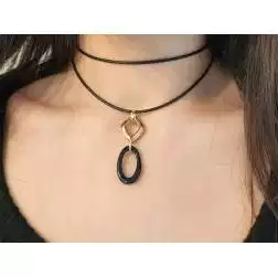 Photo of worn 70cm Rubber Necklace with Geometric Charm in Yellow Gold and Onyx