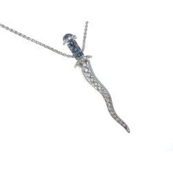 Necklace with Kriss Dagger Pendant with Blue Sapphires and Diamonds