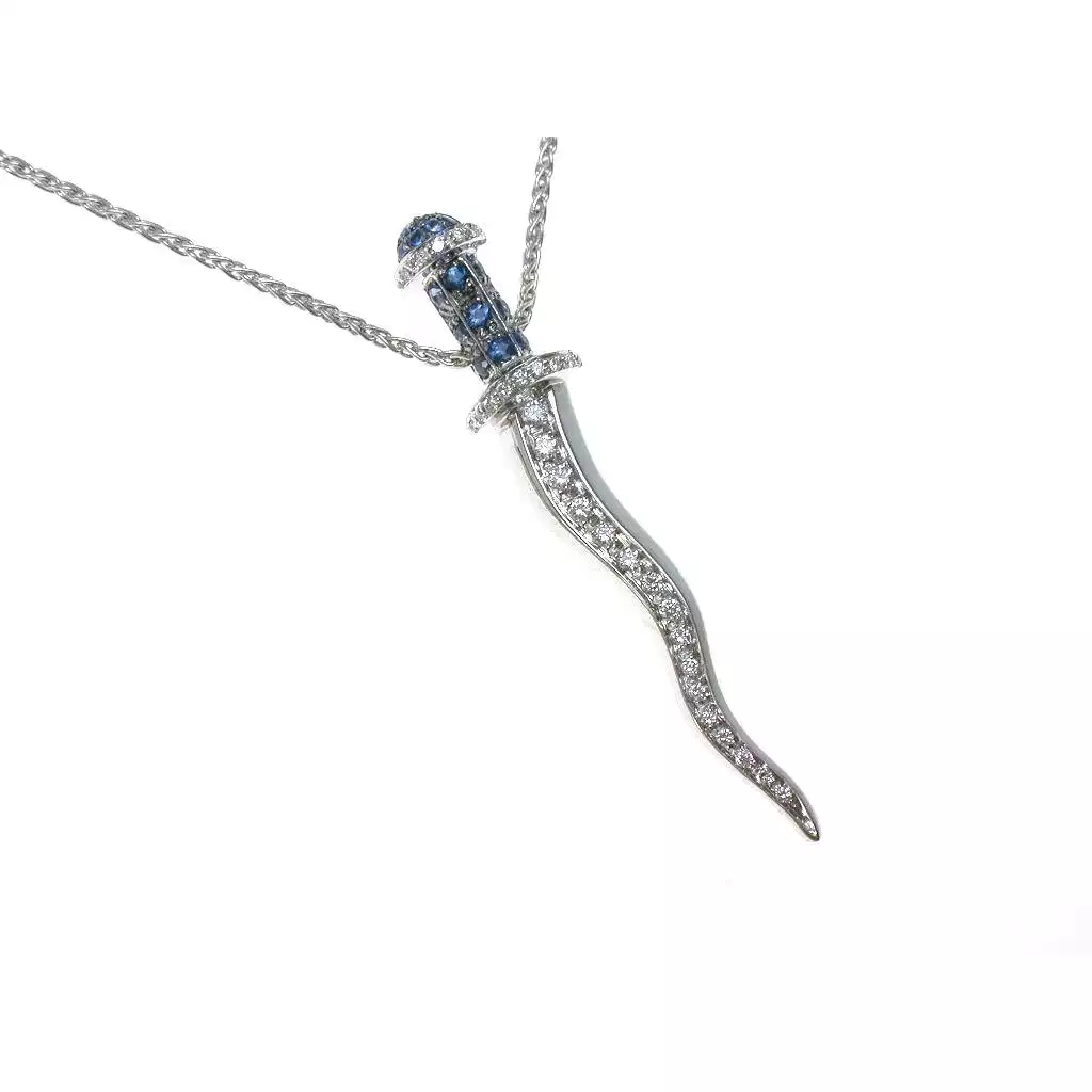 Necklace with Kriss Dagger Pendant with Blue Sapphires and Diamonds