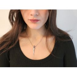 Photo of worn Necklace with Kriss Dagger Pendant with Blue Sapphires and Diamonds
