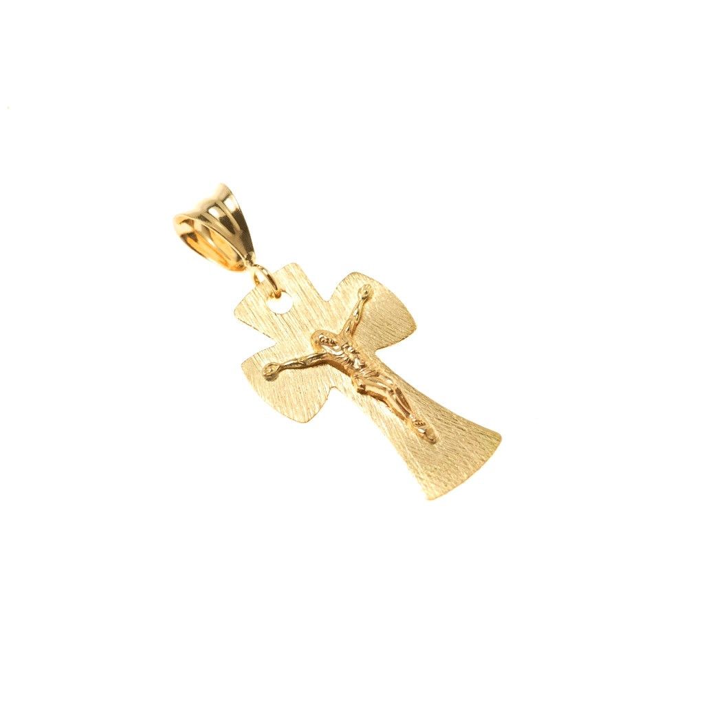 Croce Piatta Rigata con Cristo in oro giallo