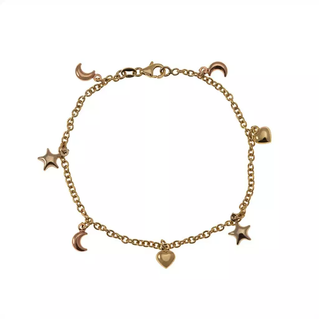 Bracciale 7 ciondoli 3 Lune 2 Cuori 2 Stelle in Tre Colori