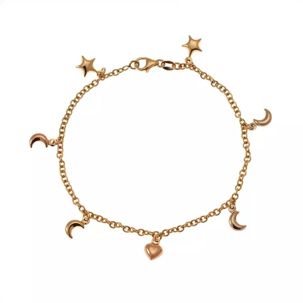 Bracciale 7 ciondoli 4 Lune 2 Stelle 1 Cuore in Tre Colori
