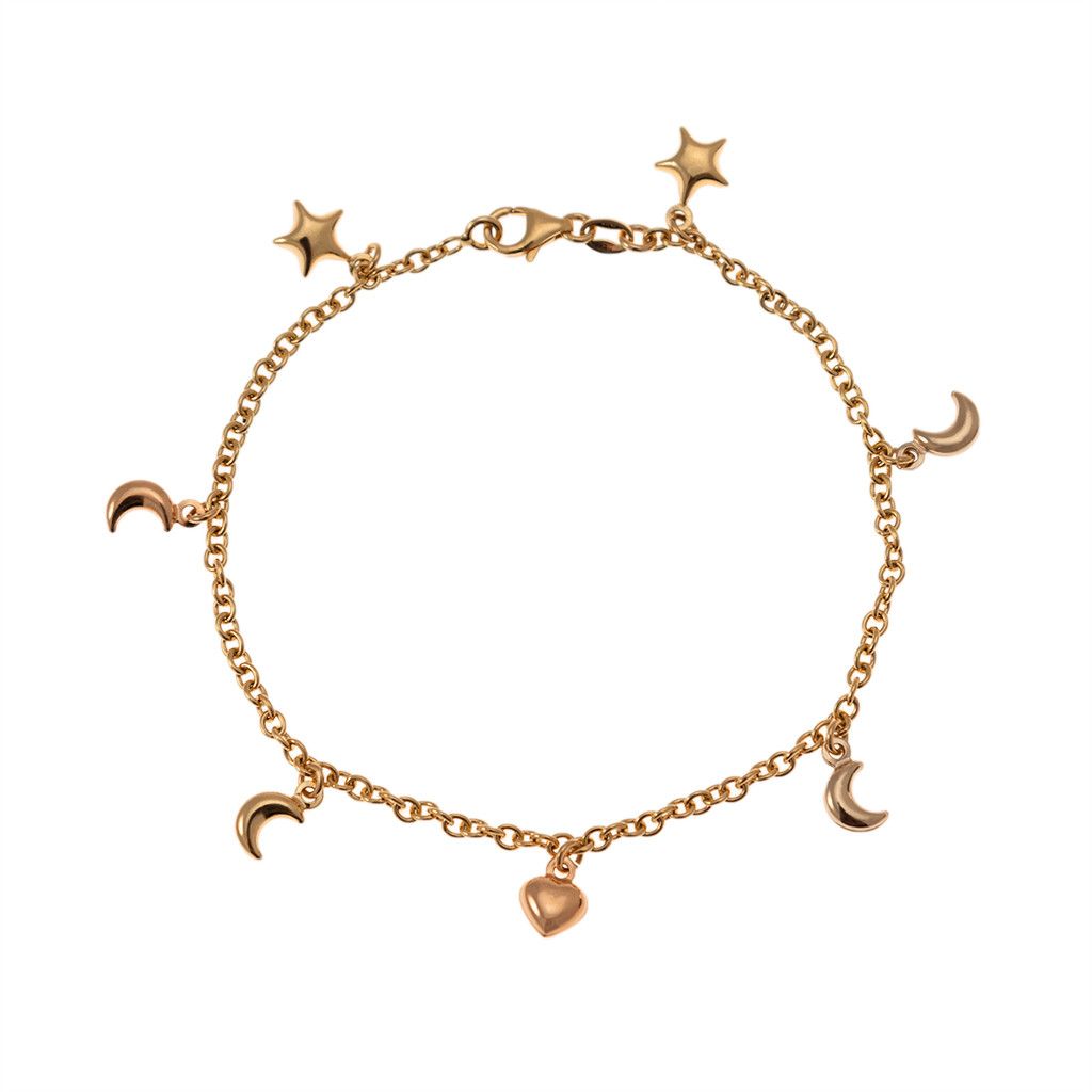 Bracelet 7 pendants 4 Moons 2 Stars 1 Heart in Three Colors
