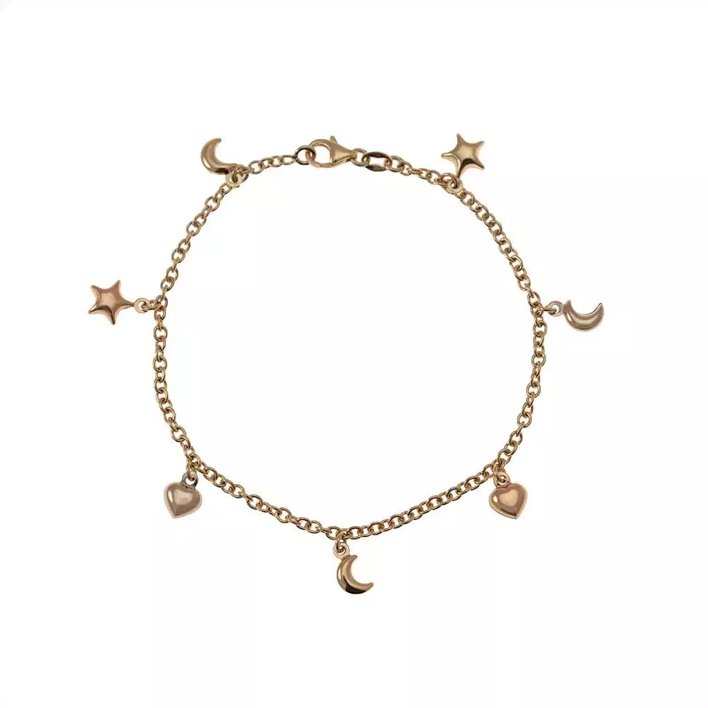 Bracciale 7 ciondoli 4 Lune 2 Stelle 1 Cuore in Tre Colori