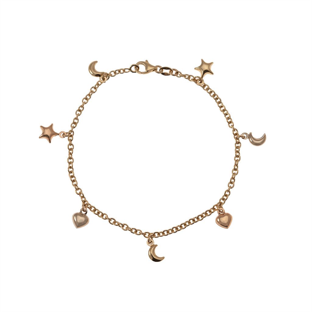 Bracelet 7 pendants 2 Stars 3 Moons 2 Hearts in Three Colors