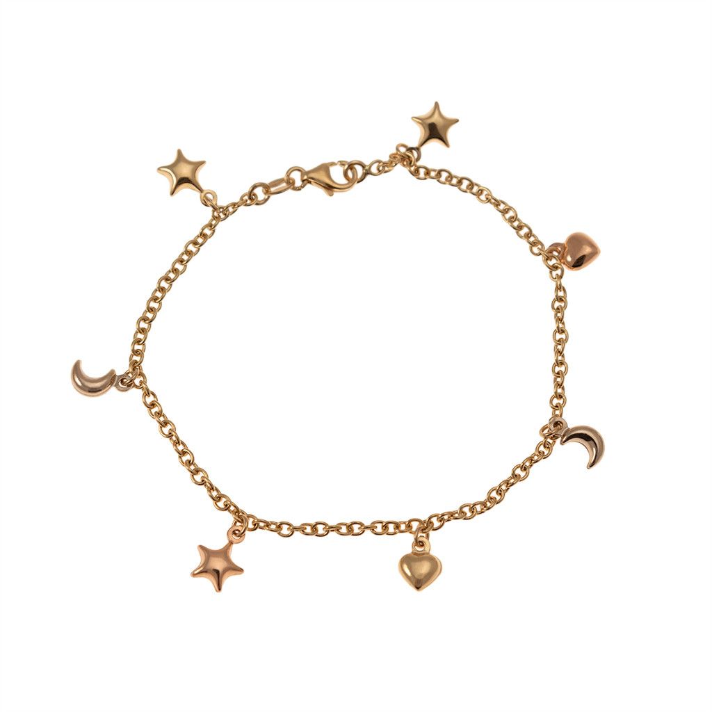 Bracelet with 7 pendants 3 Stars 2 Moons 2 Hearts in Three Colors