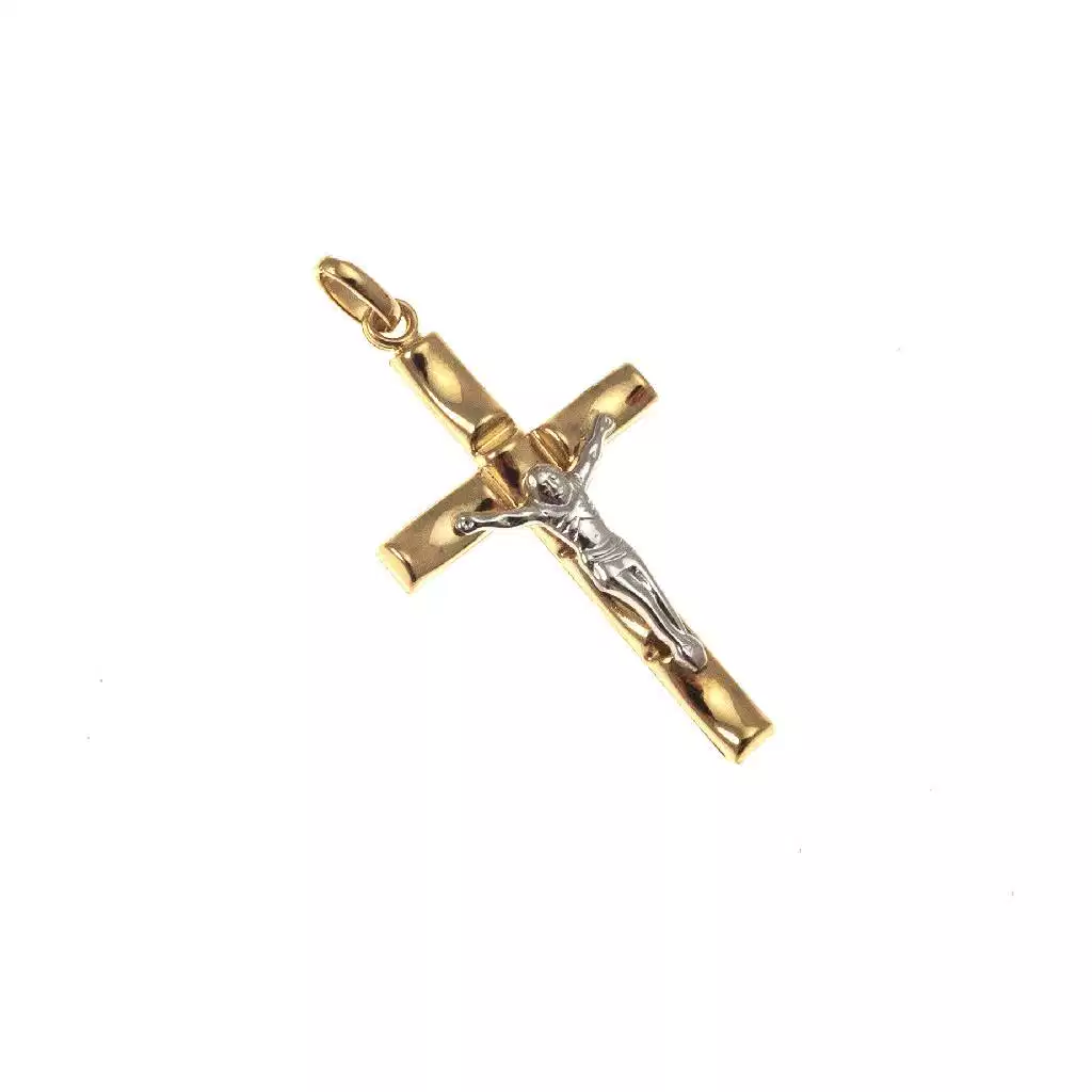 Croce con Incavi in Oro Giallo e Cristo in Bianco