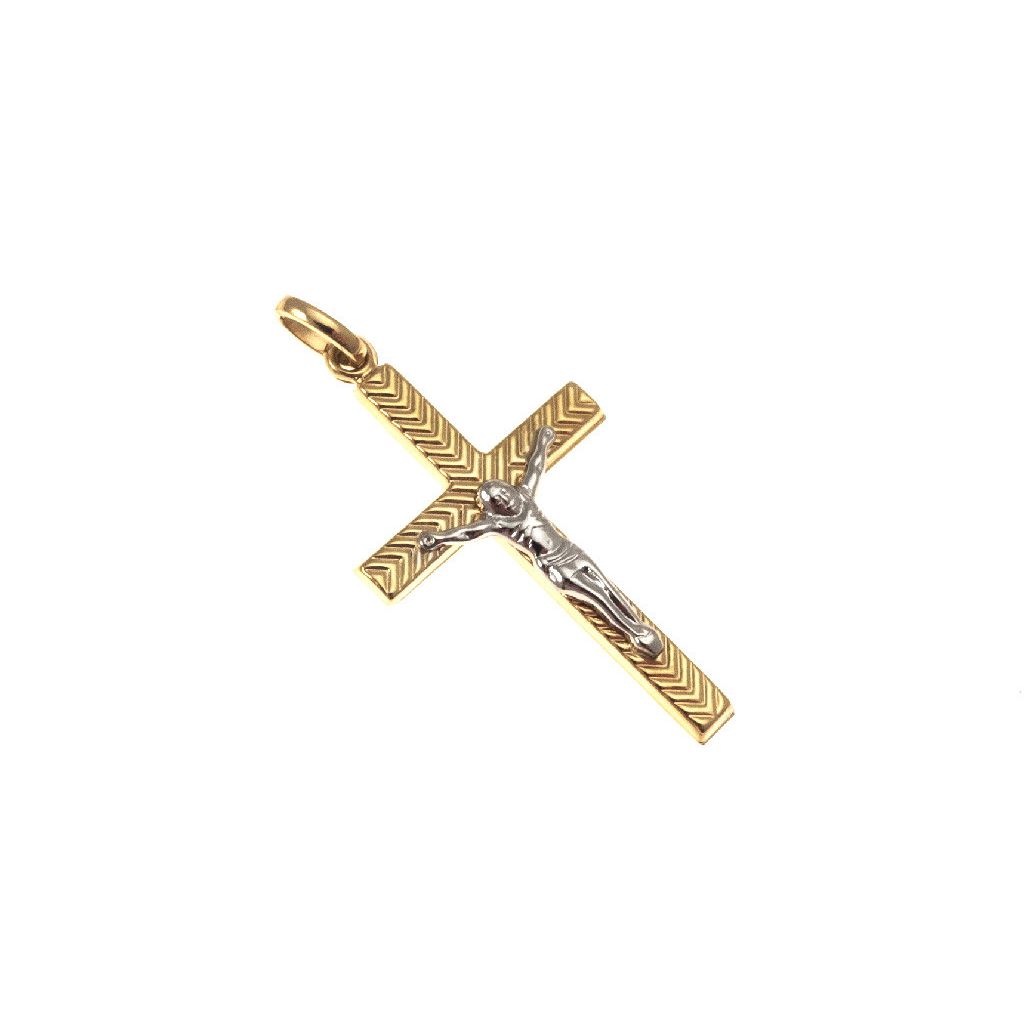 Arrows shape Striped Cross in Yellow Gold with Christ in White