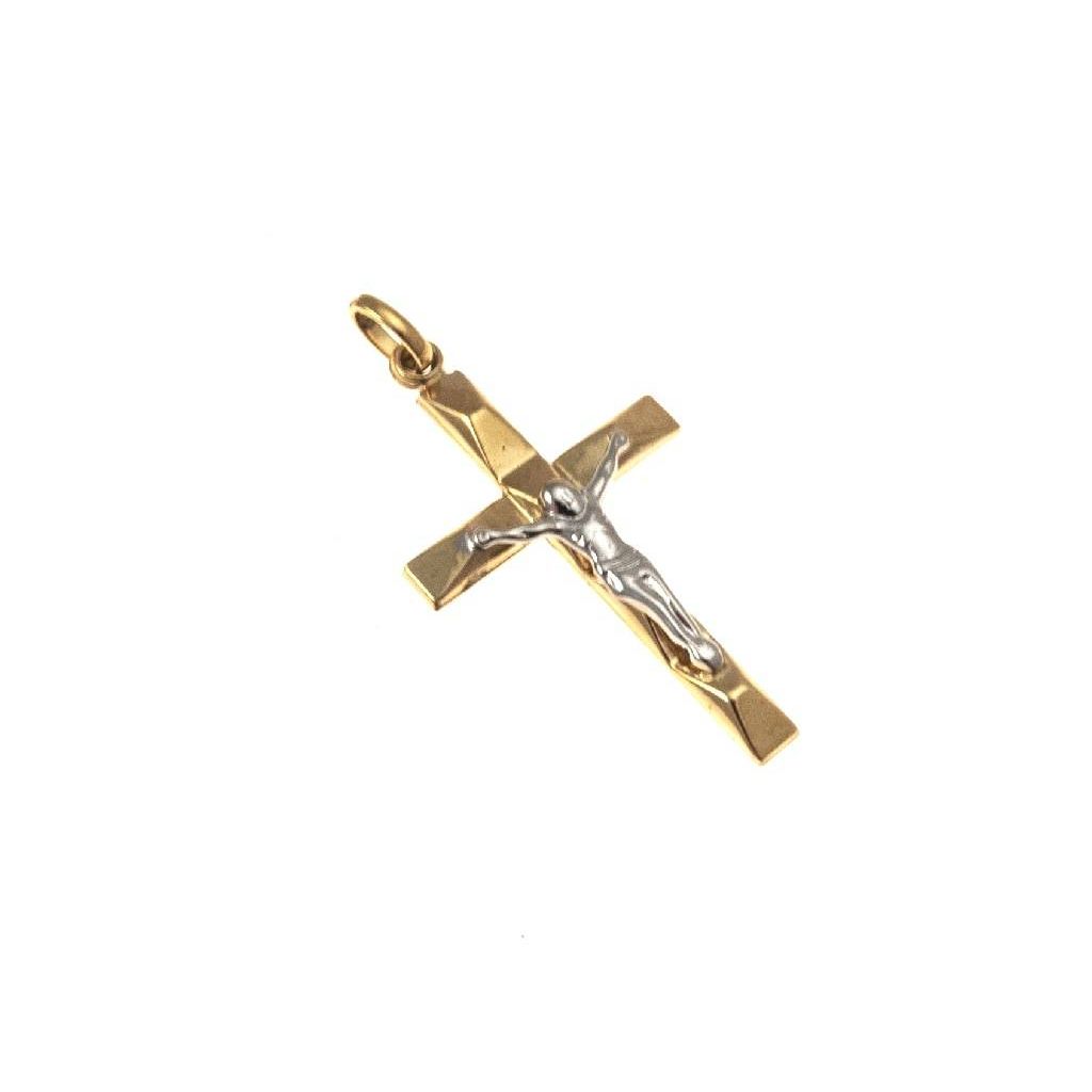 Croce con Rilievi a Piramide in Oro Giallo con Cristo in Bianco
