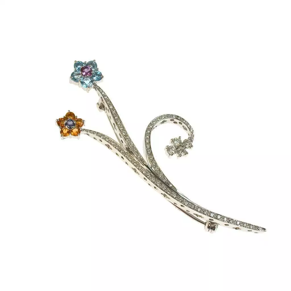 Flower Brooch with Diamonds, Amethyst Blue Topaz and Madeira