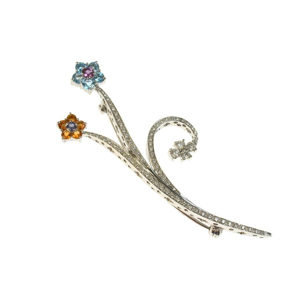 Spilla a Fiori con Diamanti, Ametista Iolite Topazio azzurro e Madera