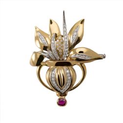 Vase Brooch with Ruby and Diamonds in Yellow and White Gold