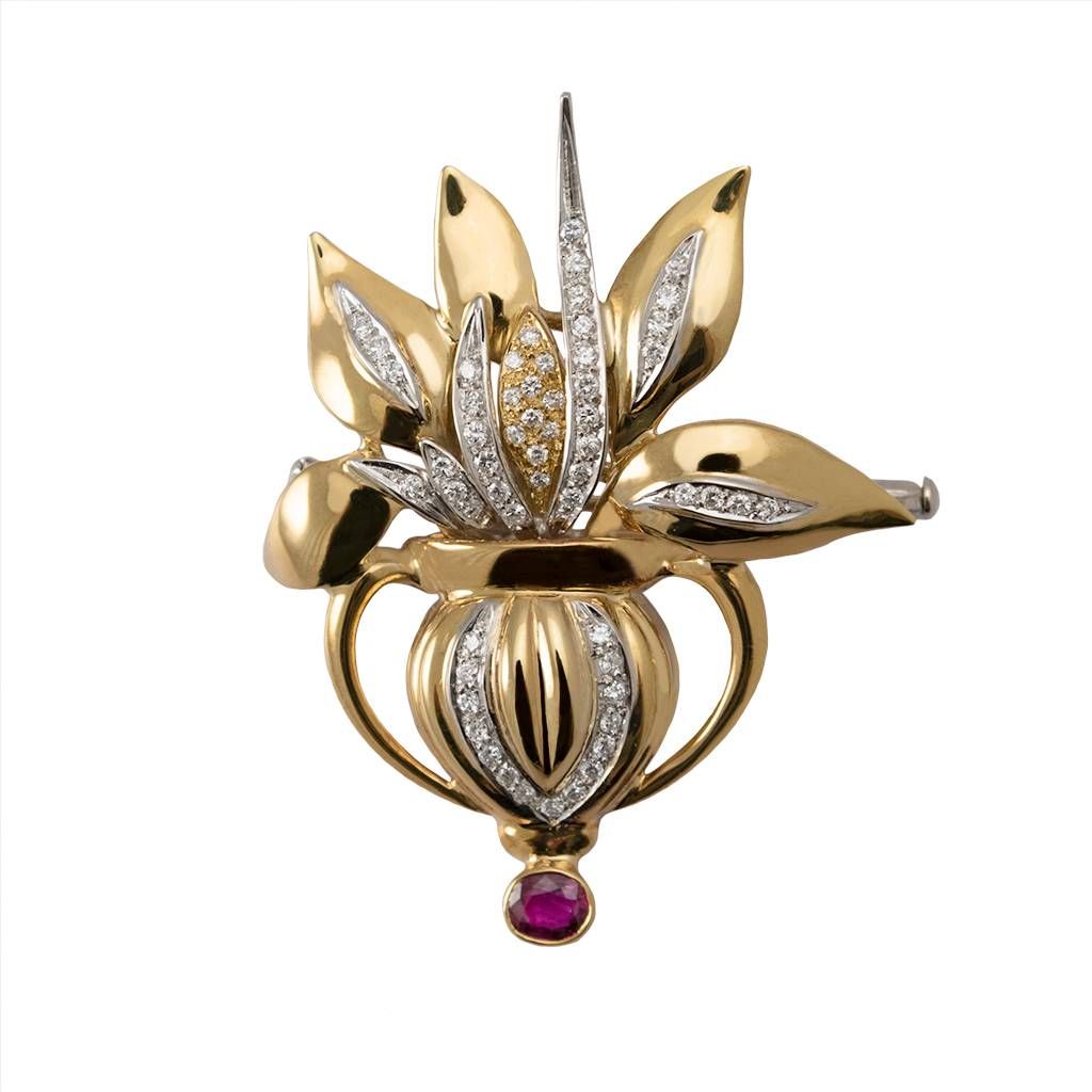 Vase Brooch with Ruby and Diamonds in Yellow and White Gold