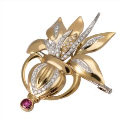 Vase Brooch with Ruby and Diamonds in Yellow and White Gold
