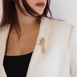 Photo of worn Brooch Bird of Paradise Diamonds and Precious Stones