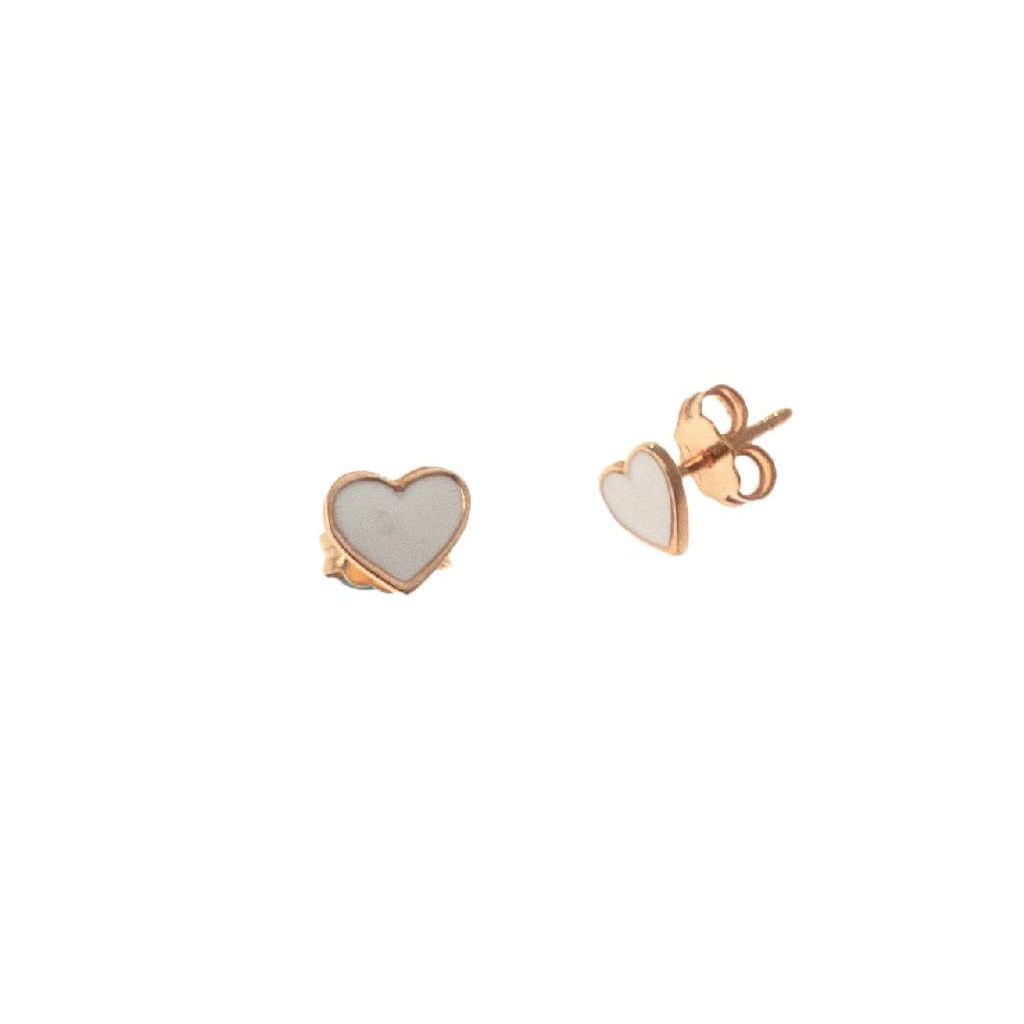 White Enamelled Rose Gold Flat Heart Earrings