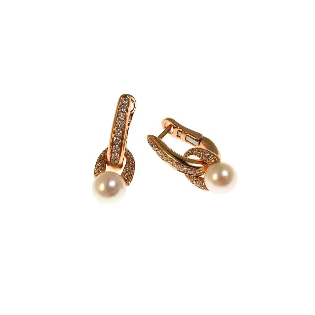 Oval Earrings with Pearl Pendant and Rose Gold Diamonds