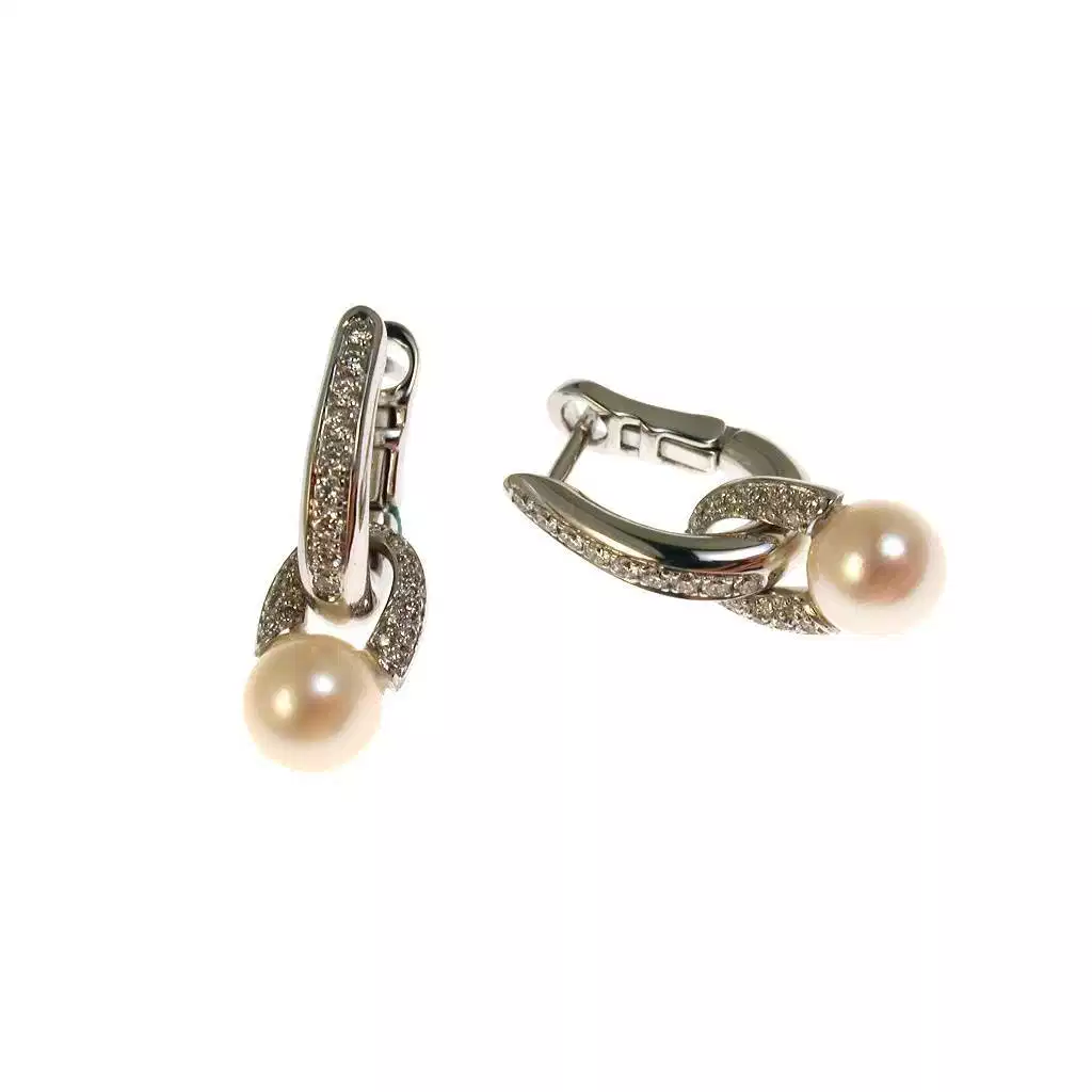 Boccole Ovali con Ciondolo Perla e Diamanti Oro Bianco