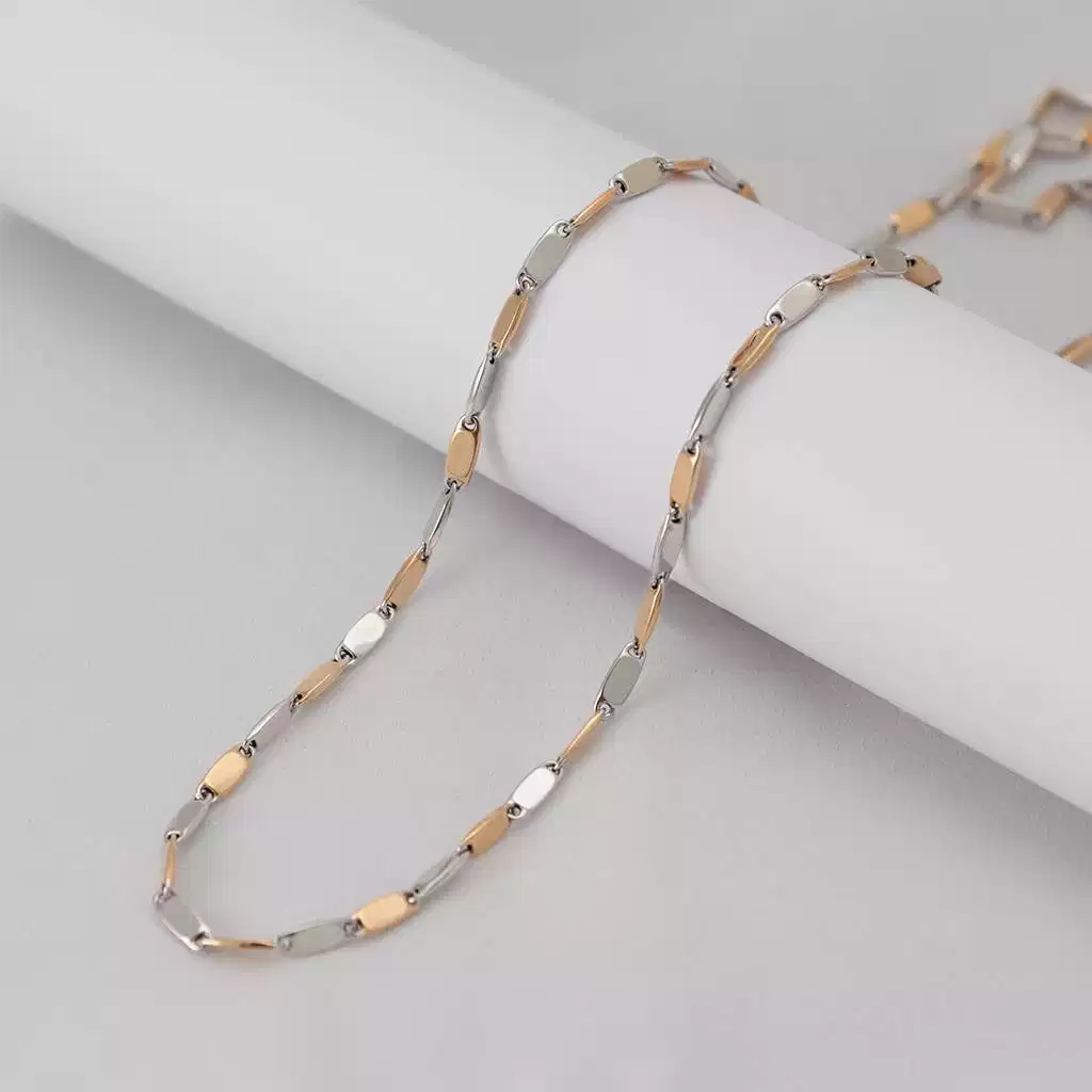 Collana Girocollo 60cm Tubolare Squadrata alternata Oro Bianco e Rosa