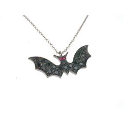 Bat Pendant Necklace with Black Diamonds and Rubies