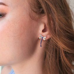 Photo of worn Blue e Purple Dragonfly Earrings