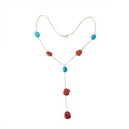 Collana Girocollo con Laccetto in Oro Giallo con Corallo e Turchese