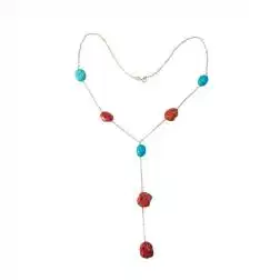 Y Necklace in Yellow Gold and Red Coral and Turquoise