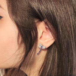Photo of worn Blue e Purple Dragonfly Earrings