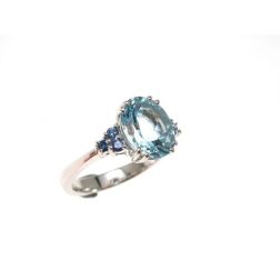 Aquamarine Solitaire Ring 10mm x 8mm and Blue Sapphires