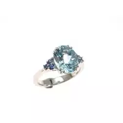 Anello Solitario Acquamarina 10mm x 8mm e Zaffiri Blu