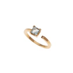 Open Solitaire Ring with 5mm Square Acquamarine and Diamond Yellow Gold