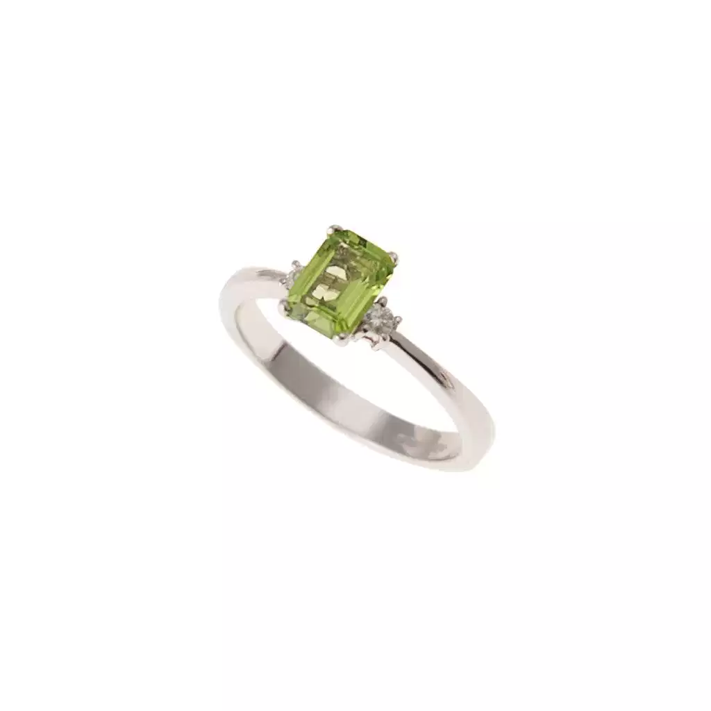 Solitaire Ring with Peridot 7mm x 5mm and 2 Diamonds White Gold
