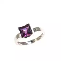 Anello Solitario Aperto con Ametista quadrato 6mm e 2 Diamanti Oro Bianco