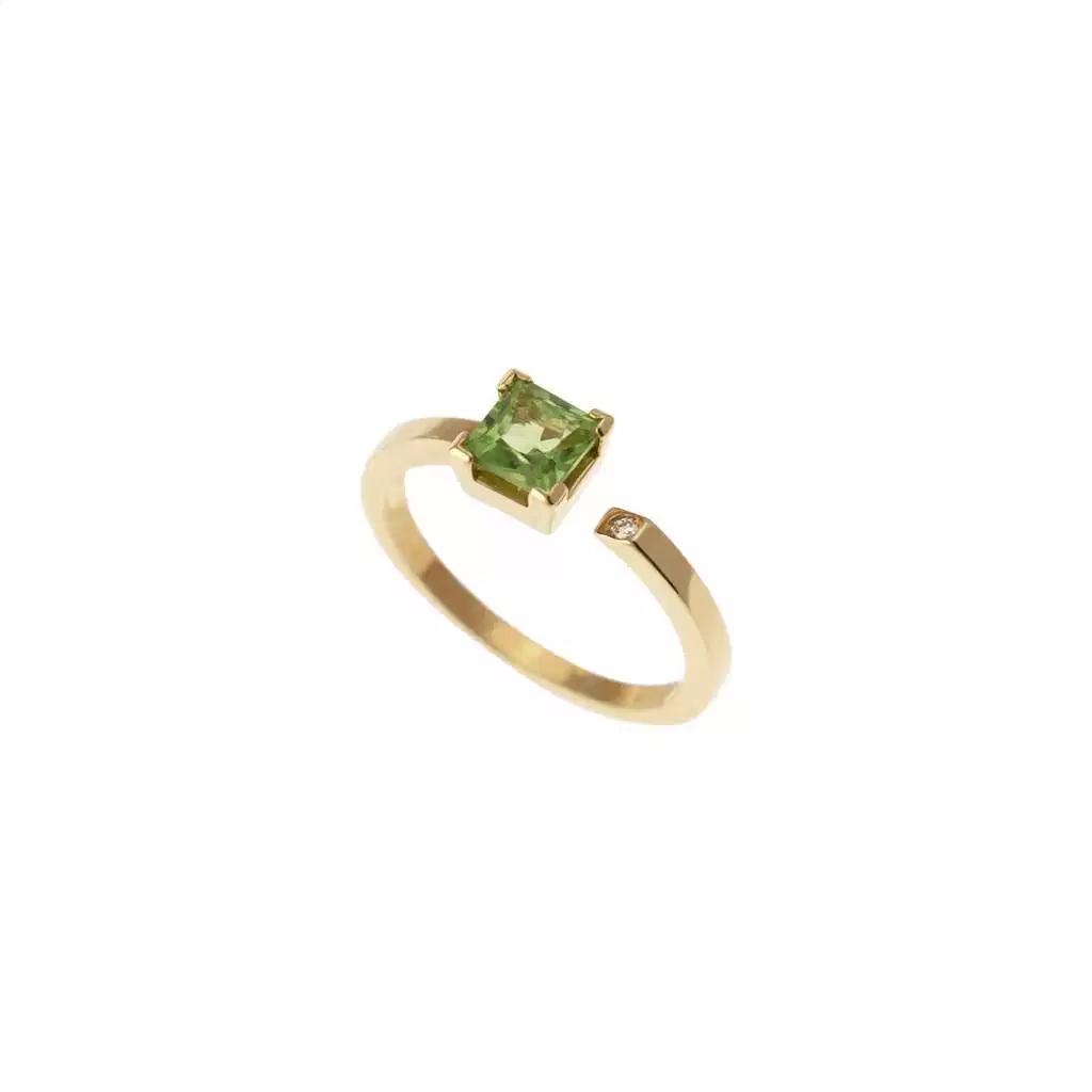 Anello Solitario Aperto con Peridoto Quadrato 5mm e Diamante Oro Giallo