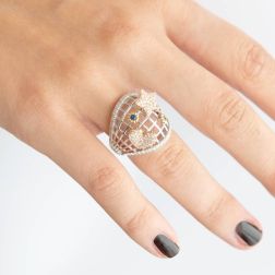 Photo of worn Star and Heart Design Ring with Diamonds and Blue Sapphires