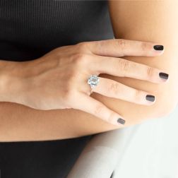 Photo of worn Solitaire Ring with Octagonal Aquamarine 11x9mm and Diamonds