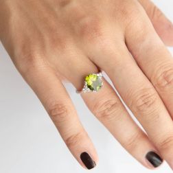 Solitaire Ring with Peridot 11x9mm and Diamonds photo worn