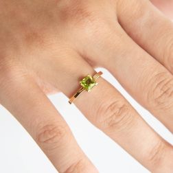 Open Solitaire Ring with 5mm Square Peridot and Diamond Yellow Gold Photo of worn