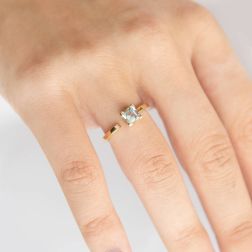 Open Solitaire Ring with 5mm Square Acquamarine and Diamond Yellow Gold photo of worn