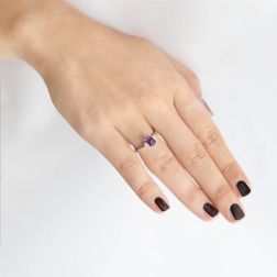 Solitaire Ring with Amethyst 7mm x 5mm and 2 Diamonds White Gold Photo of worn