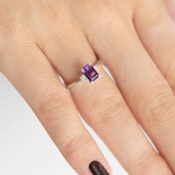 Solitaire Ring with Amethyst 7mm x 5mm and 2 Diamonds White Gold Photo of worn