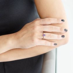 Solitaire Ring with Amethyst 7mm x 5mm and 2 Diamonds White Gold Photo of worn
