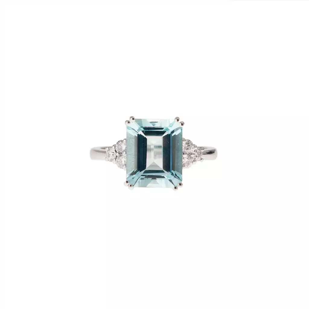 Anello Solitario con Acquamarina Ottagonale 11x9mm e 6 Diamanti