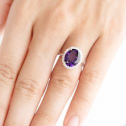 Photo of worn Kate White Gold Ring with Amethyst 12x10mm and 24 Diamonds