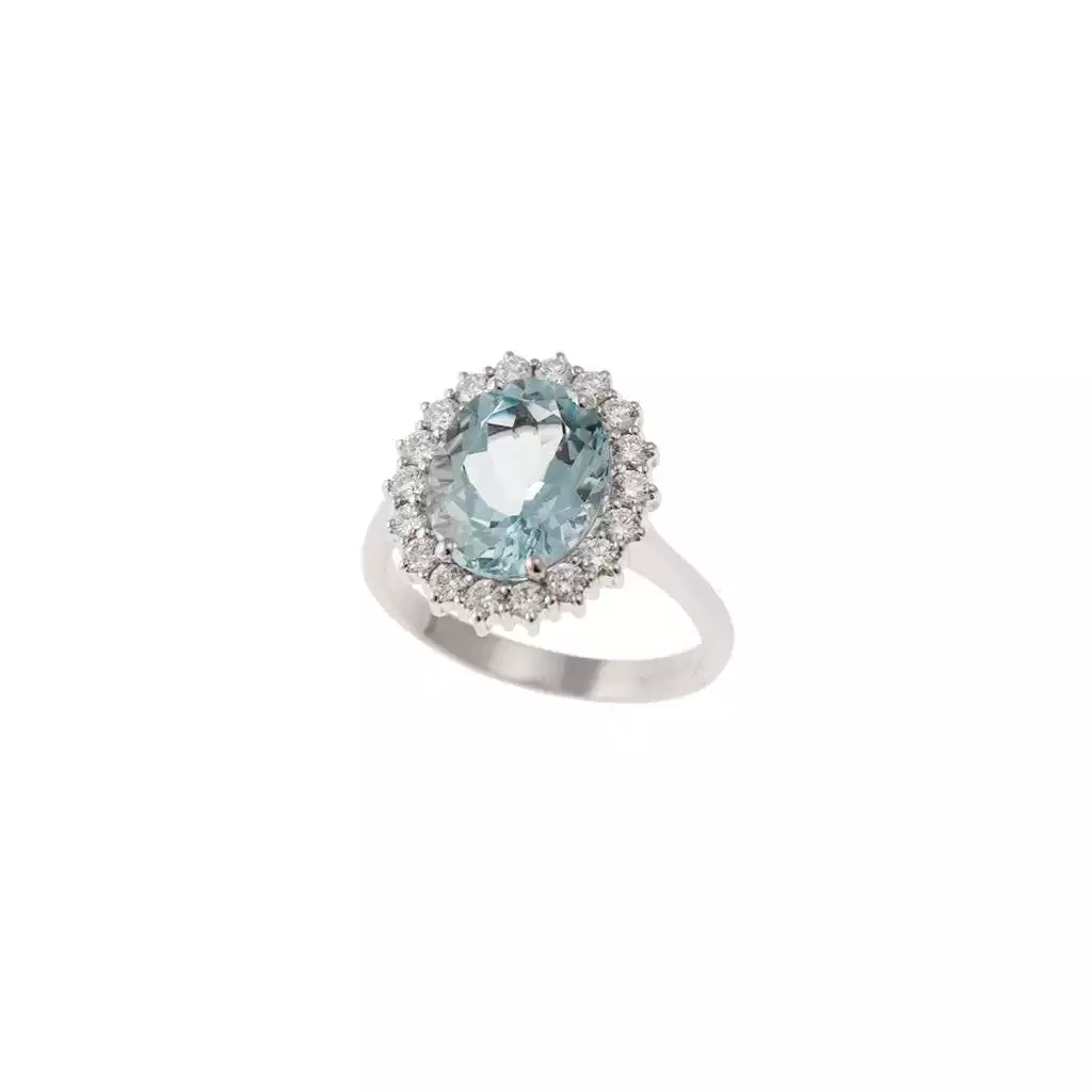 Anello Kate Oro Bianco con Acquamarina 11x9mm e 18 Diamanti